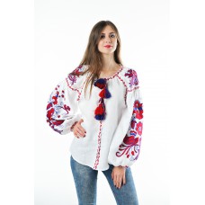 Boho Style Ukrainian Embroidered Folk  Blouse "Boho Birds" red on white